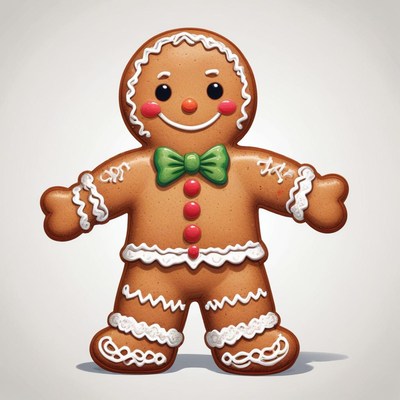 A smiling gingerbread man stands with his arms outstretched