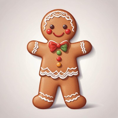 A gingerbread man smiles with a bowtie