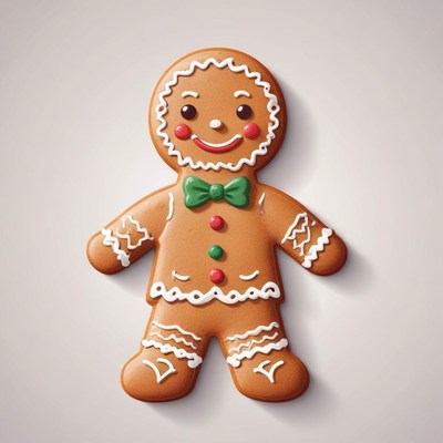 A gingerbread man smiles on a white background