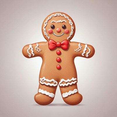 A gingerbread man smiles and wears a red bow tie