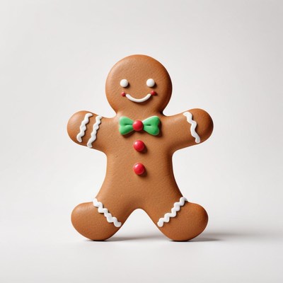 A gingerbread man smiles on a white background