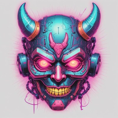 A futuristic demon mask with glowing eyes