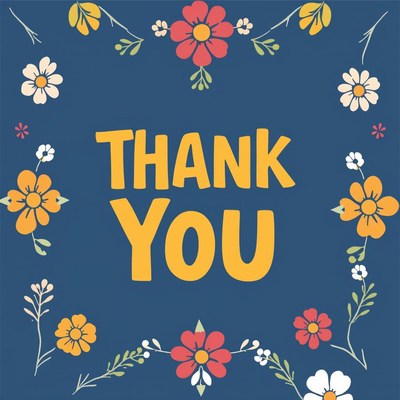 Blue background with colorful flowers and thank you