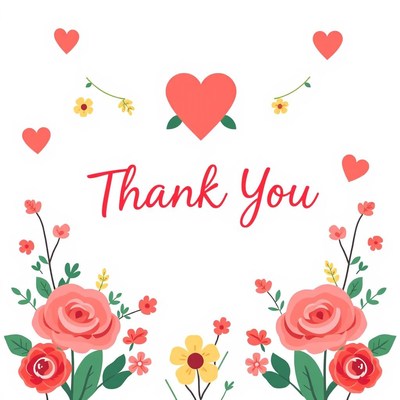 A simple thank you card with flowers and hearts