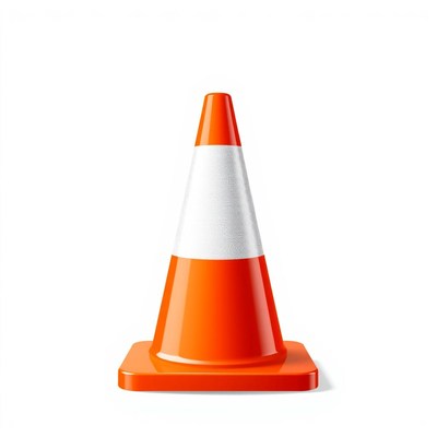 A traffic cone sits on a white background