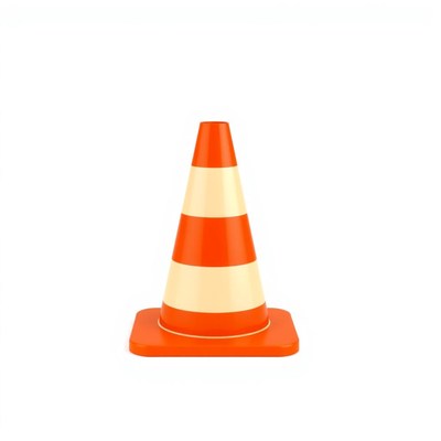 A traffic cone stands on a white background