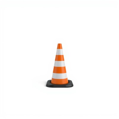 A traffic cone stands alone on a white background