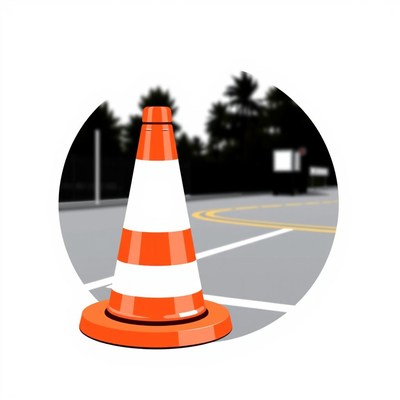 A traffic cone sits in the middle of a parking lot