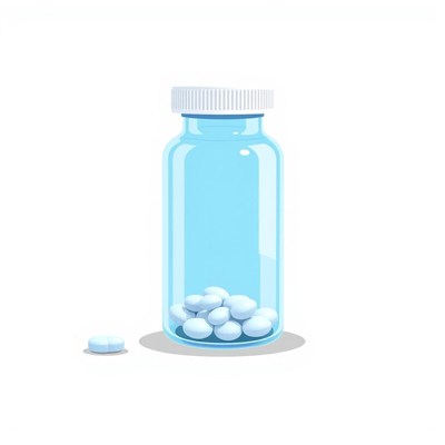 A blue pill bottle with white pills
