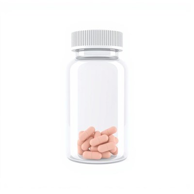 A glass bottle filled with pink capsules