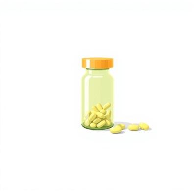 A glass bottle with yellow pills sits on a white background