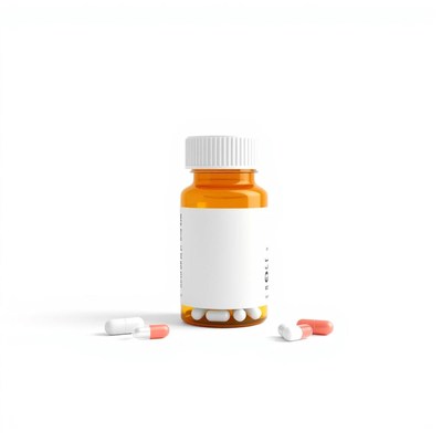 White-labeled pill bottle on a white surface