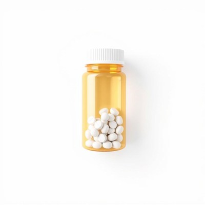 A white bottle filled with white pills on a white background
