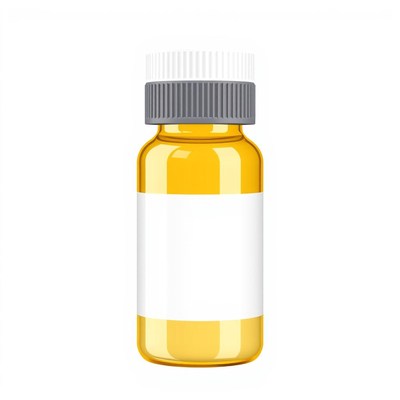 A small amber bottle with a white label