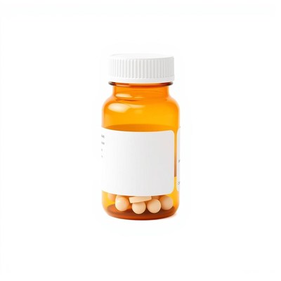 White-labeled pill bottle with pills inside