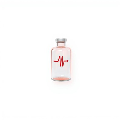 A glass vial with a red heartbeat symbol