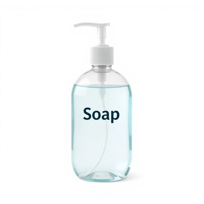 A pump bottle of soap sits on a white background