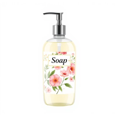 A bottle of liquid soap with a floral design