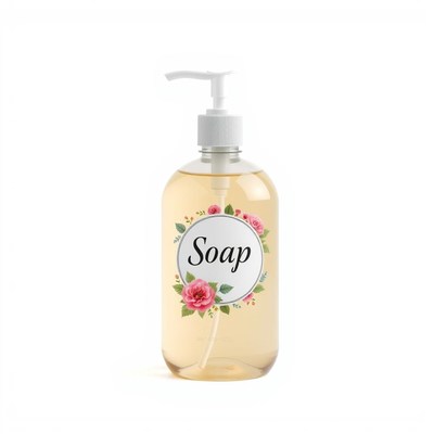 A bottle of soap with a floral label