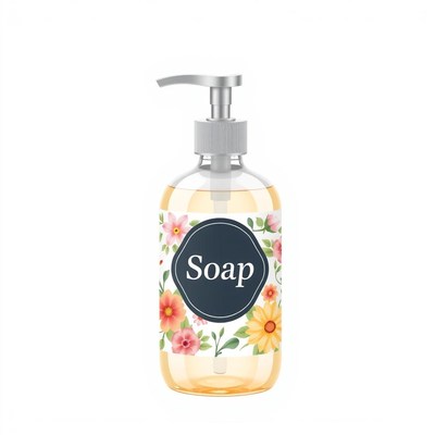A pump bottle of soap with a floral design