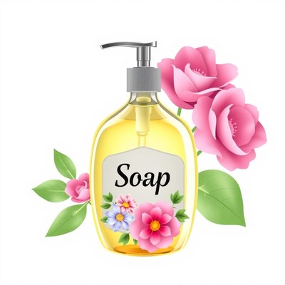 A yellow soap bottle with roses