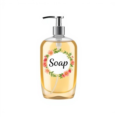 A bottle of soap with a floral label