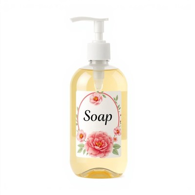A bottle of soap with a floral design
