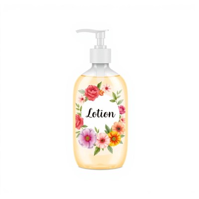 A bottle of lotion with a floral design