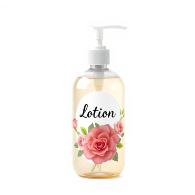A bottle of lotion with a floral design