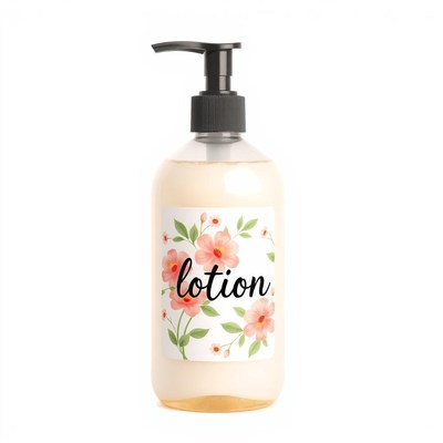 A bottle of lotion with a floral design