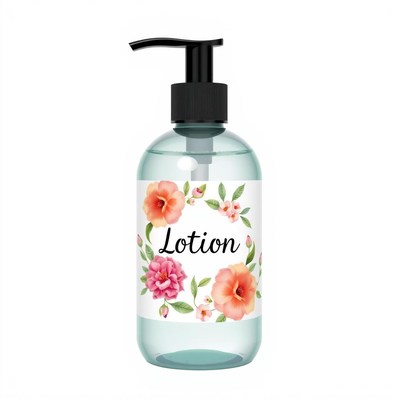 A bottle of floral lotion with a pump dispenser