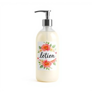 A bottle of lotion with a floral label