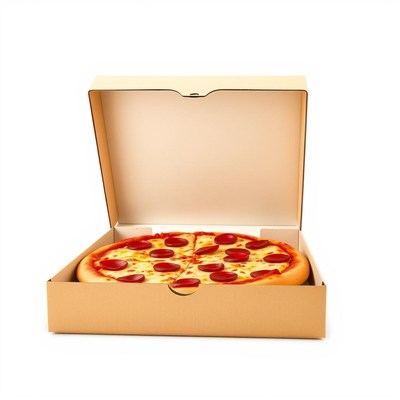 A pepperoni pizza sits in a cardboard box