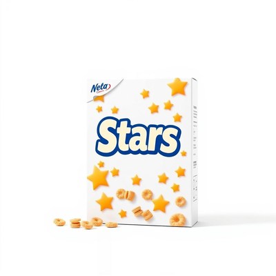 Stars cereal box with scattered pieces on white
