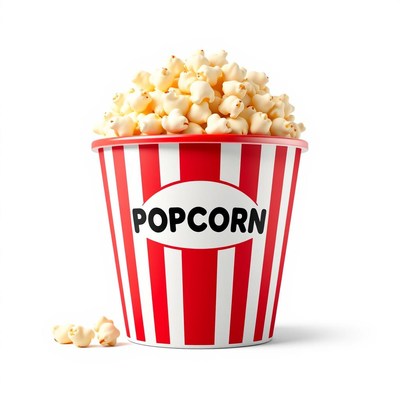 A red and white popcorn bucket is full of popcorn