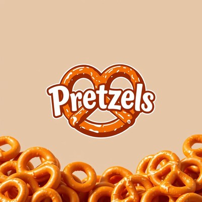 A pile of pretzels sits below a pretzel logo