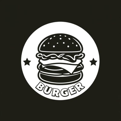 A black and white burger logo