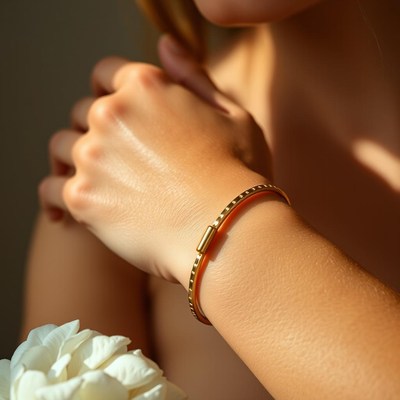 A woman's wrist with a gold bracelet