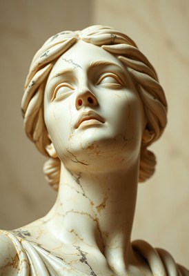 A marble statue of a woman gazing upwards