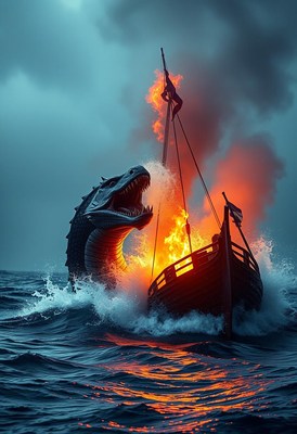 A fiery sea serpent attacks a burning ship