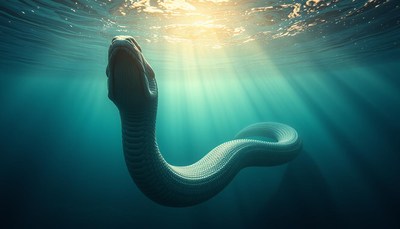 A large serpent swims in the ocean