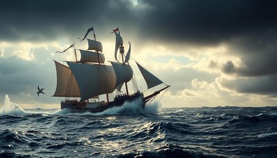 A tall ship sails through choppy waters