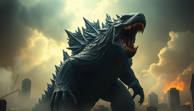 Godzilla roars over a city