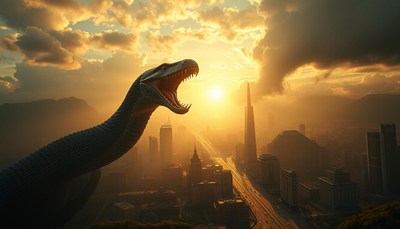 A dinosaur roars over a cityscape at sunset