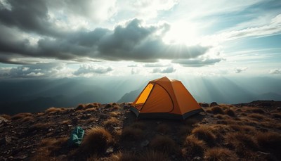 Yellow tent on mountaintop overlooks clouds