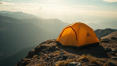 A yellow tent sits on a mountaintop