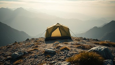 A tent sits atop a mountain peak