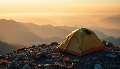 A tent sits on a mountaintop at sunrise