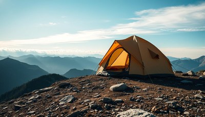 A yellow tent sits on a mountaintop
