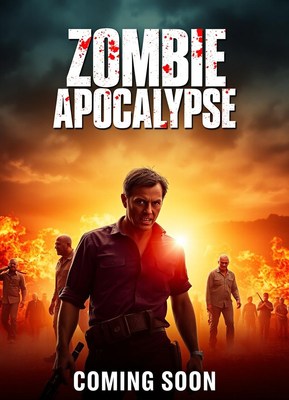 A man stands with a group of zombies in the background